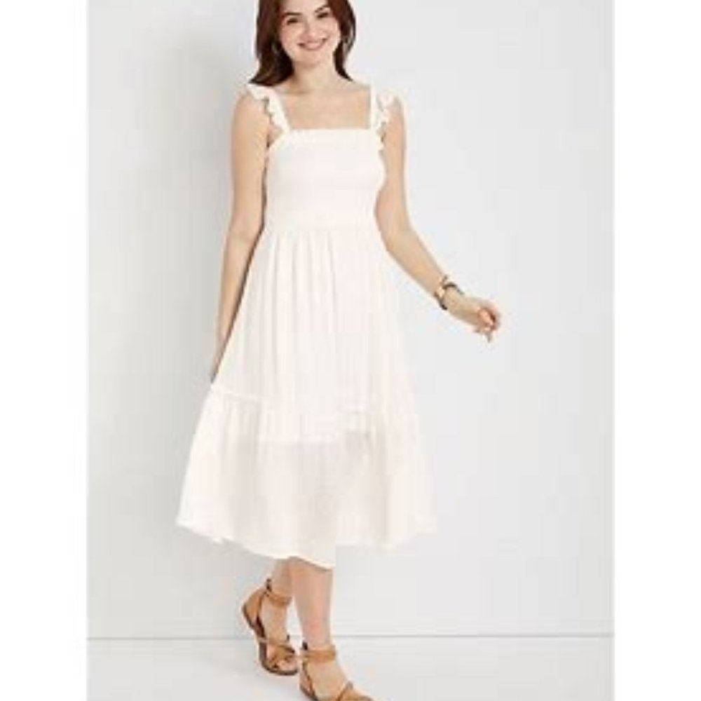 MAURICES SMOCKED WHITE BABYDOLL MIDI DOT TIERED DRESS NWOT XL